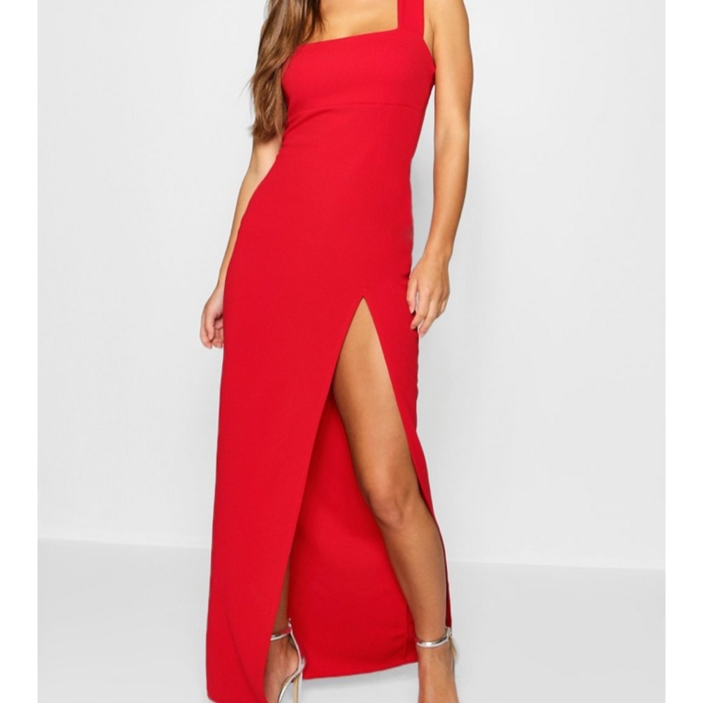 Red slit prom dress. Petite sizing